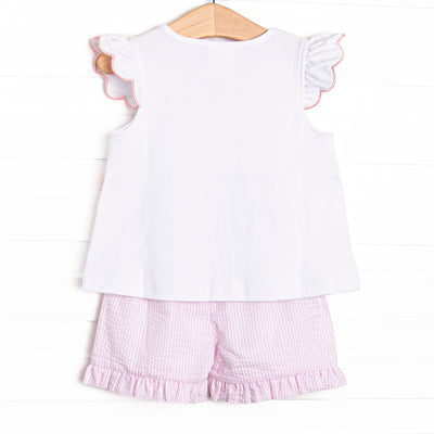 Scalloped Slices Smocked Ruffle Short Set, Pink
