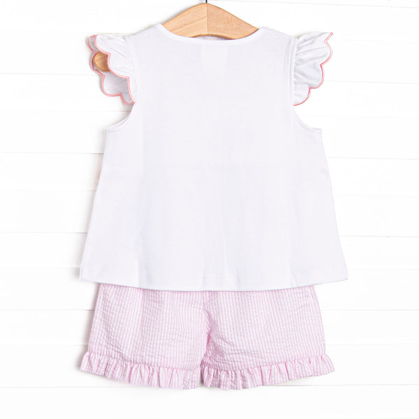 Scalloped Slices Smocked Ruffle Short Set, Pink