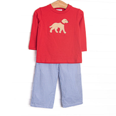 This set features a red top, long sleeves, and a puppy applique. Coordinating blue gingham pants to match.