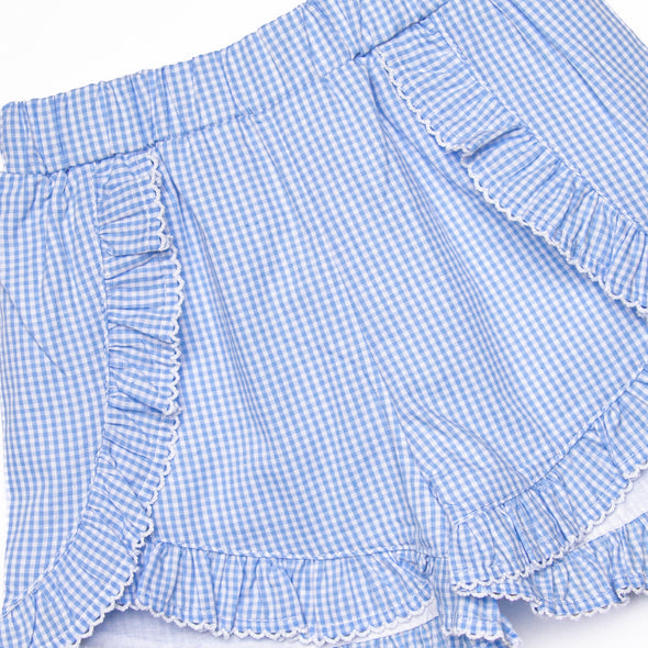 Garden Gingham Applique Ruffle Short Set, Blue