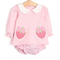  This set features pink knit fabric, a white Peter Pan collar, and strawberry and bow appliques. Coordinating light pink striped diaper cover to match. 