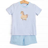 Giddy-Up Gallop Applique Short Set, Blue Stripe