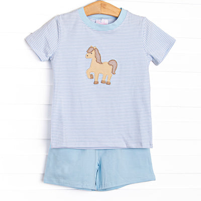 Giddy-Up Gallop Applique Short Set, Blue Stripe