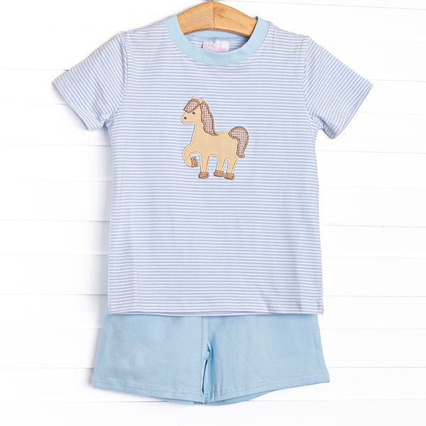 Giddy-Up Gallop Applique Short Set, Blue Stripe