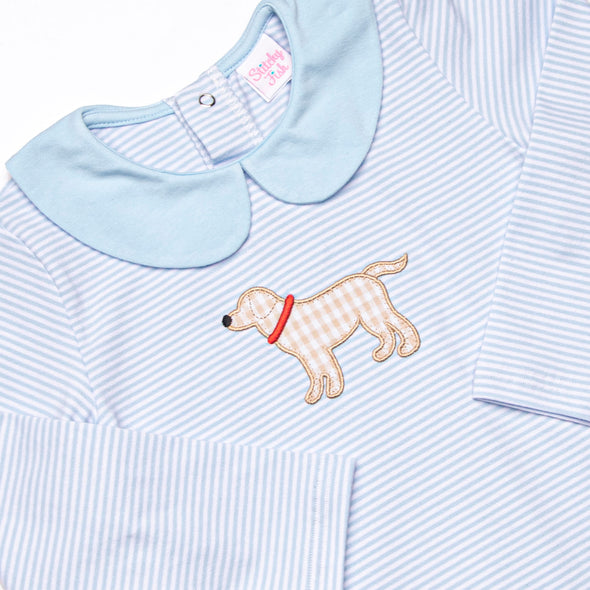 One Lucky Pup Applique Romper, Light Blue Stripe