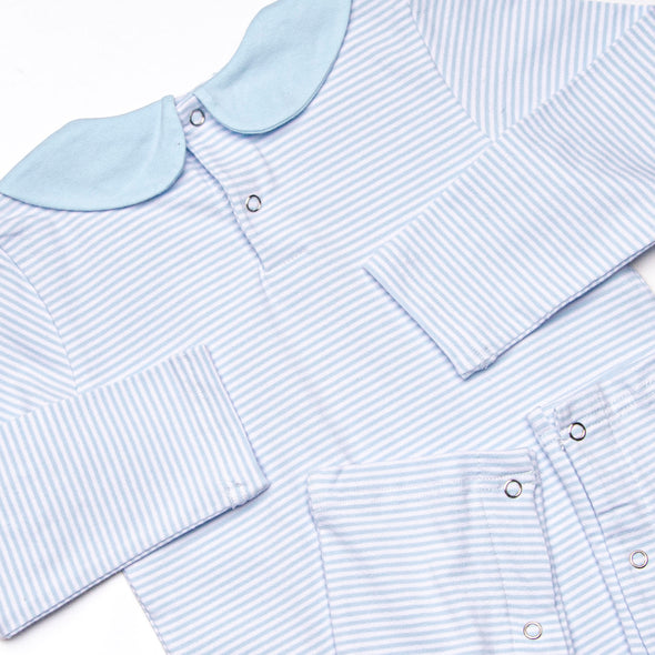 One Lucky Pup Applique Romper, Light Blue Stripe