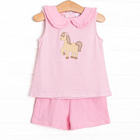 Giddy-Up Gallop Applique Short Set, Pink Stripe