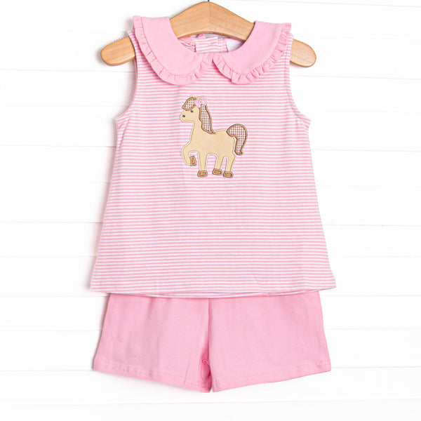Giddy-Up Gallop Applique Short Set, Pink Stripe
