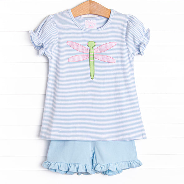 Dragonfly Days Applique Ruffle Short Set, Blue