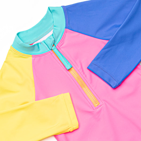 Color Block Long Sleeve One Piece Rash Guard, Pink