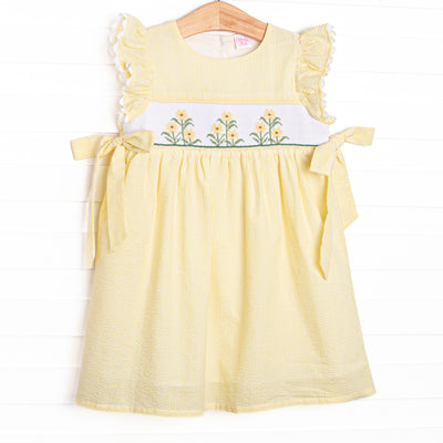 Sunny Day Sprouts Smocked Side Tie Dress, Yellow