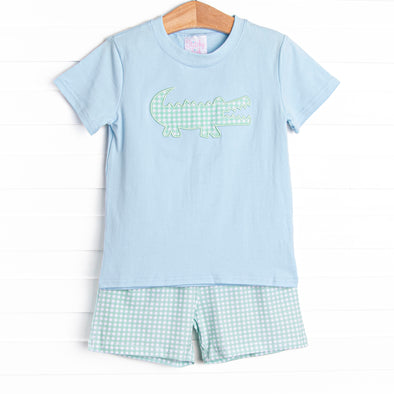 Crocodile Cutie Applique Short Set, Blue