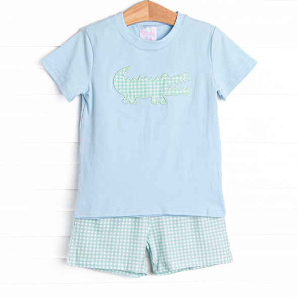 Crocodile Cutie Applique Short Set, Blue