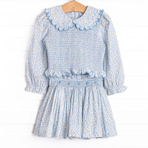 Bleu: Margaret Smocked Long Sleeve Skirt Set, Blue Floral