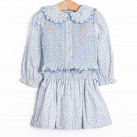 Bleu: Margaret Smocked Long Sleeve Skirt Set, Blue Floral