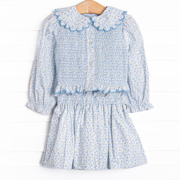 Bleu: Margaret Smocked Long Sleeve Skirt Set, Blue Floral
