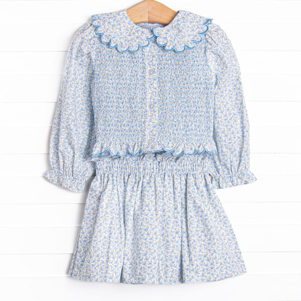 Bleu: Margaret Smocked Long Sleeve Skirt Set, Blue Floral