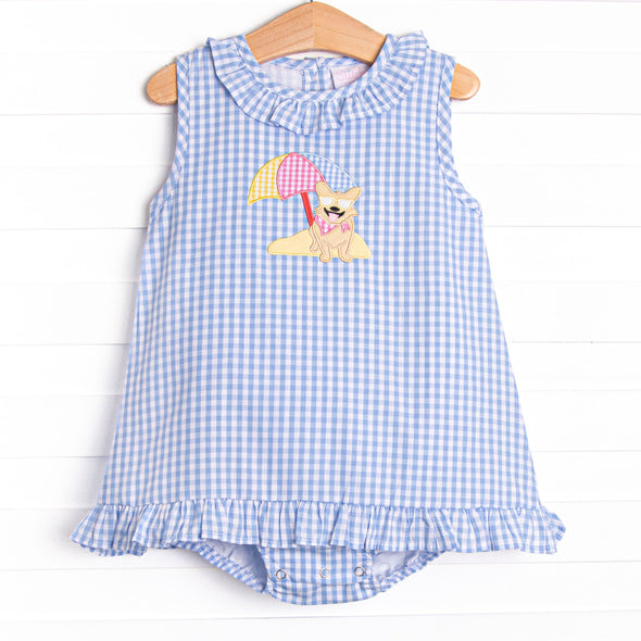 Corgi on the Coast Applique Skirted Bubble, Blue