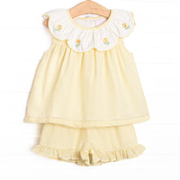 Sunny Day Sprouts Embroidered Scalloped Bib Short Set, Yellow