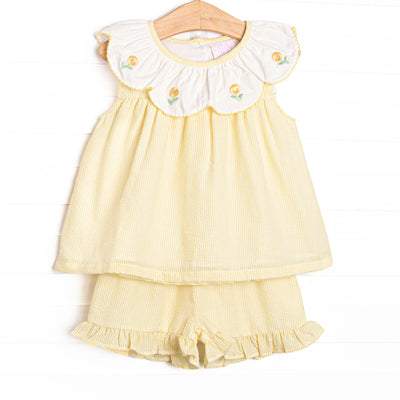 Sunny Day Sprouts Embroidered Scalloped Bib Short Set, Yellow