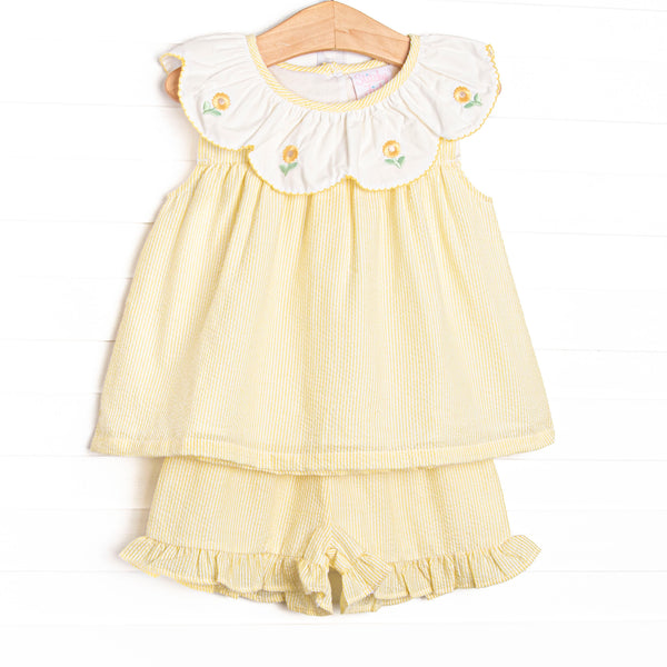 Sunny Day Sprouts Embroidered Scalloped Bib Short Set, Yellow