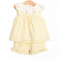 Sunny Day Sprouts Embroidered Scalloped Bib Short Set, Yellow