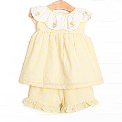 Sunny Day Sprouts Embroidered Scalloped Bib Short Set, Yellow