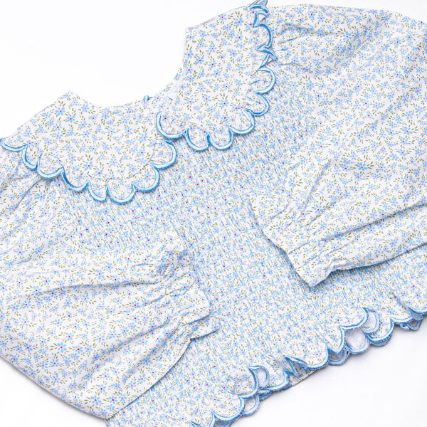 Bleu: Margaret Smocked Long Sleeve Skirt Set, Blue Floral