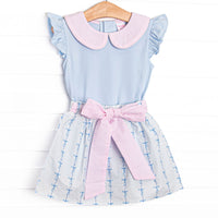 Satin Ribbon Seersucker Skirt Set, Blue