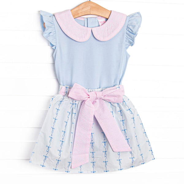 Satin Ribbon Seersucker Skirt Set, Blue