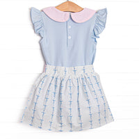 Satin Ribbon Seersucker Skirt Set, Blue