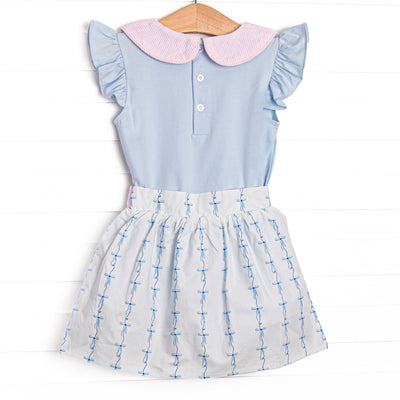 Satin Ribbon Seersucker Skirt Set, Blue