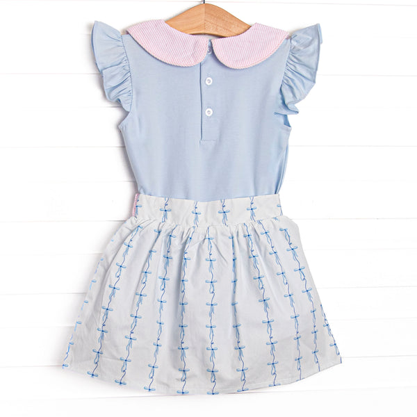 Satin Ribbon Seersucker Skirt Set, Blue