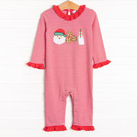 Our Santa's Treat Trio Ruffle Romper includes snaps at the stride for an easy change, coordinating ruffle around the neck, and the cutest Christmas applique.