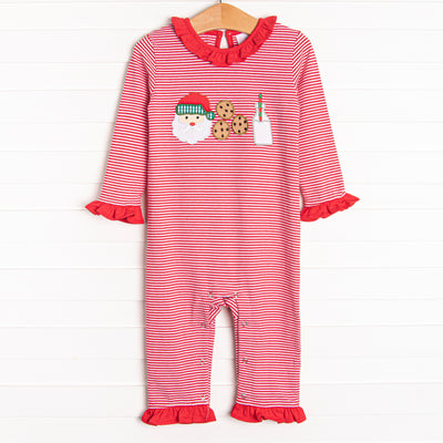 Our Santa's Treat Trio Ruffle Romper includes snaps at the stride for an easy change, coordinating ruffle around the neck, and the cutest Christmas applique.