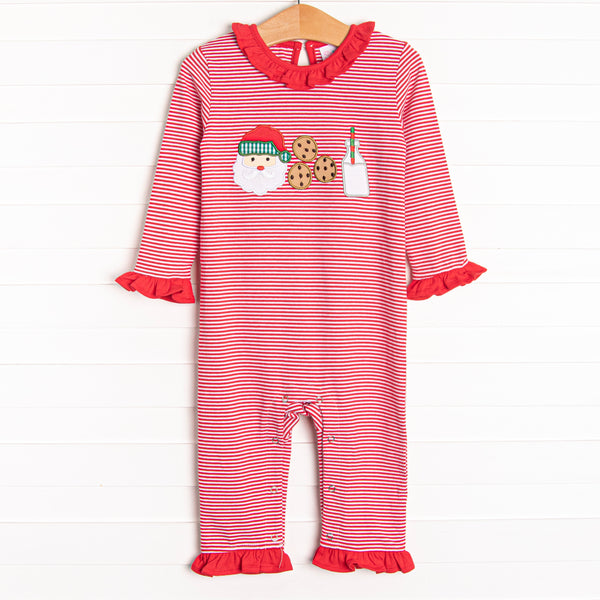 Our Santa's Treat Trio Ruffle Romper includes snaps at the stride for an easy change, coordinating ruffle around the neck, and the cutest Christmas applique.