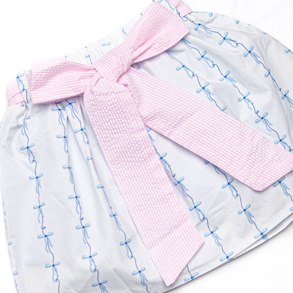 Satin Ribbon Seersucker Skirt Set, Blue