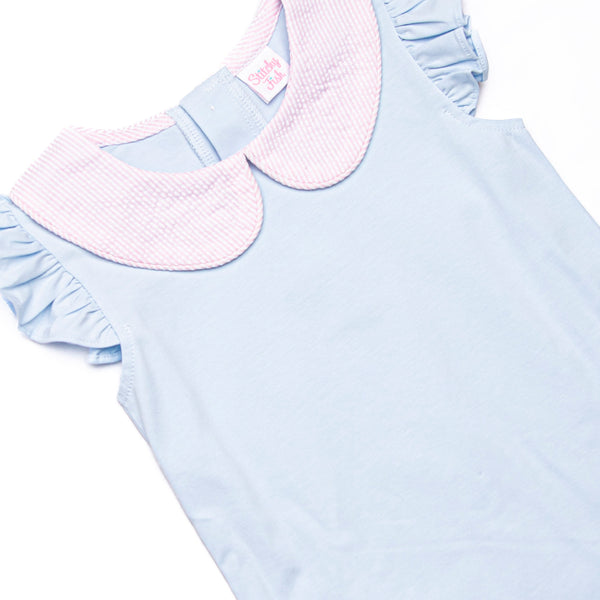 Satin Ribbon Seersucker Skirt Set, Blue