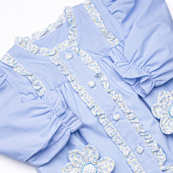 Bleu: Louise Applique Long Sleeve Diaper Set, Blue Gingham