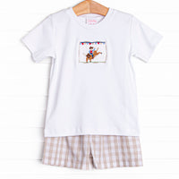 This set features a shorts sleeve top with a cowboy smocking and tan check shorts to match.