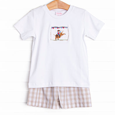Rodeo Rider Smocked Short Set, Tan