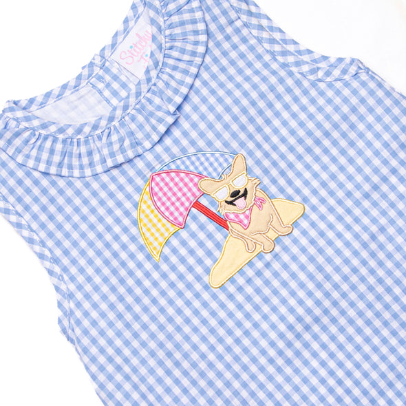 Corgi on the Coast Applique Skirted Bubble, Blue