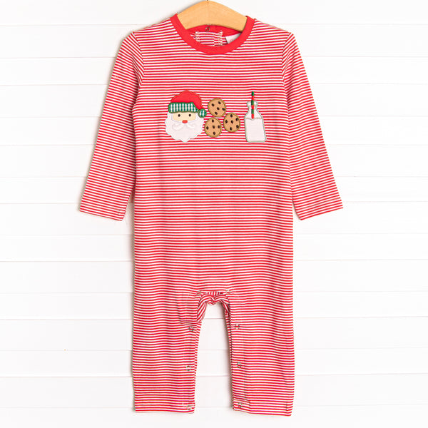 Our Santa's Treat Trio Romper includes red stripes, snaps at the stride for an easy change, and the cutest Christmas applique.