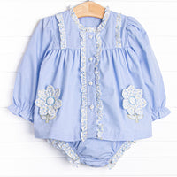 Bleu: Louise Applique Long Sleeve Diaper Set, Blue Gingham
