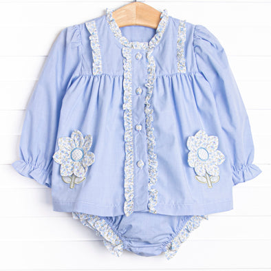 Bleu: Louise Applique Long Sleeve Diaper Set, Blue Gingham