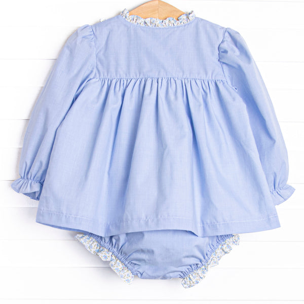 Bleu: Louise Applique Long Sleeve Diaper Set, Blue Gingham