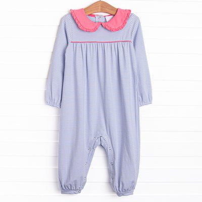 This romper features a periwinkle stripes, a peter pan collar with ruffle trim, and snaps on the stride to make changing a breeze.