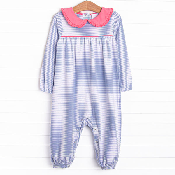This romper features a periwinkle stripes, a peter pan collar with ruffle trim, and snaps on the stride to make changing a breeze.