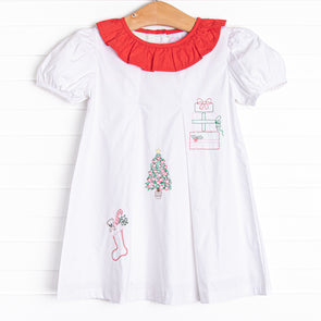 Christmas Day Embroidered Dress, White