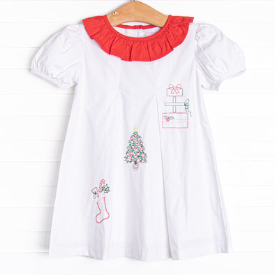 Christmas Day Embroidered Dress, White